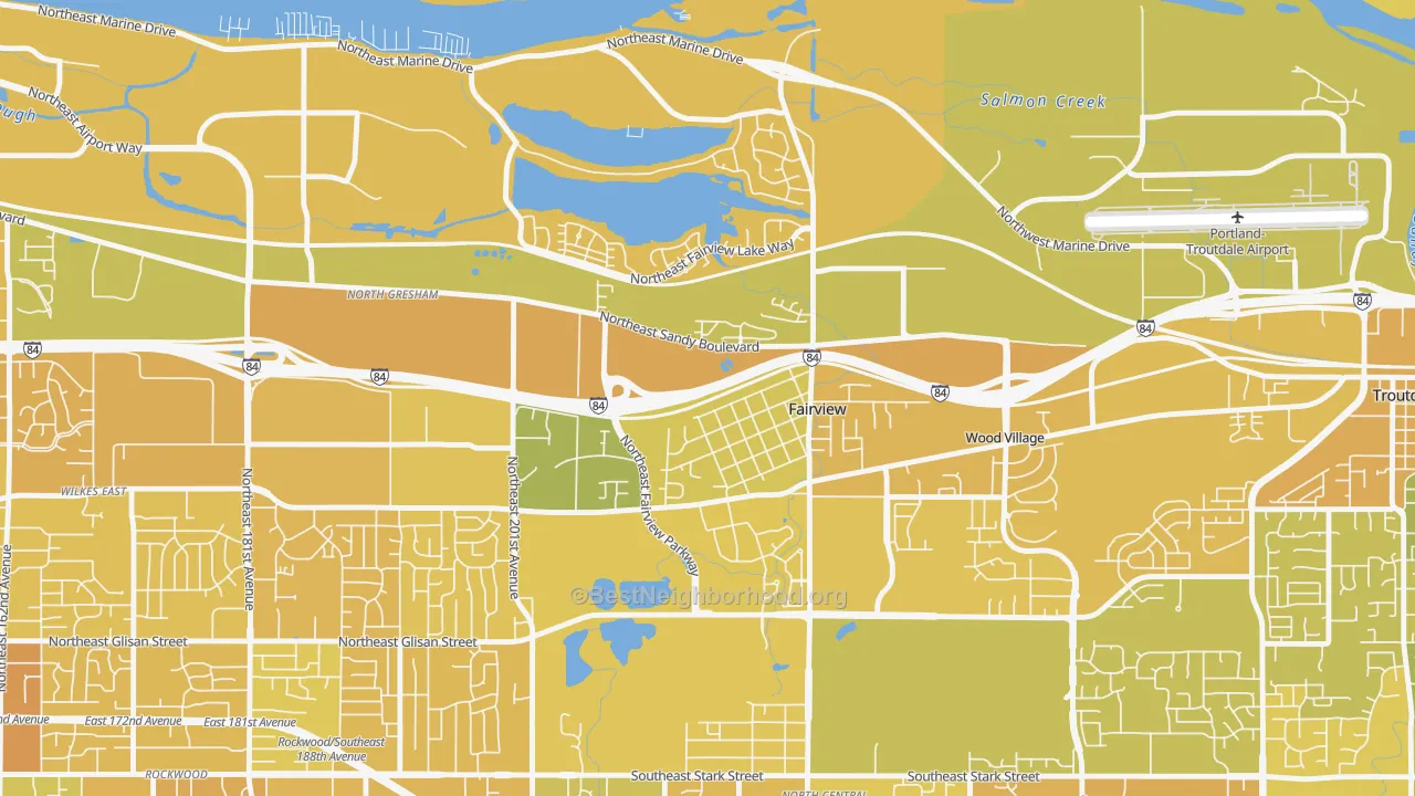 Map of the best neighborhoods in the Fairview area, with better matches in green and worse matches in red