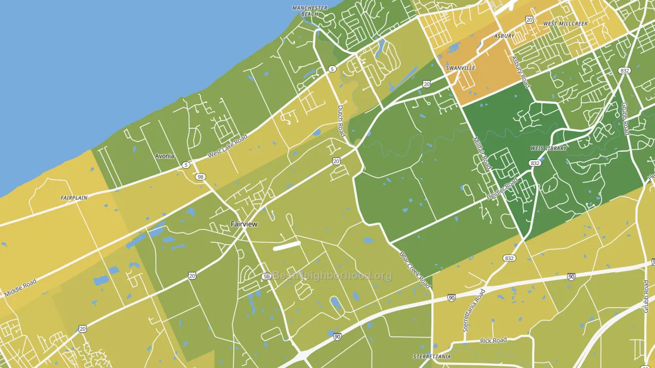 Map of the best neighborhoods in the Fairview area, with better matches in green and worse matches in red