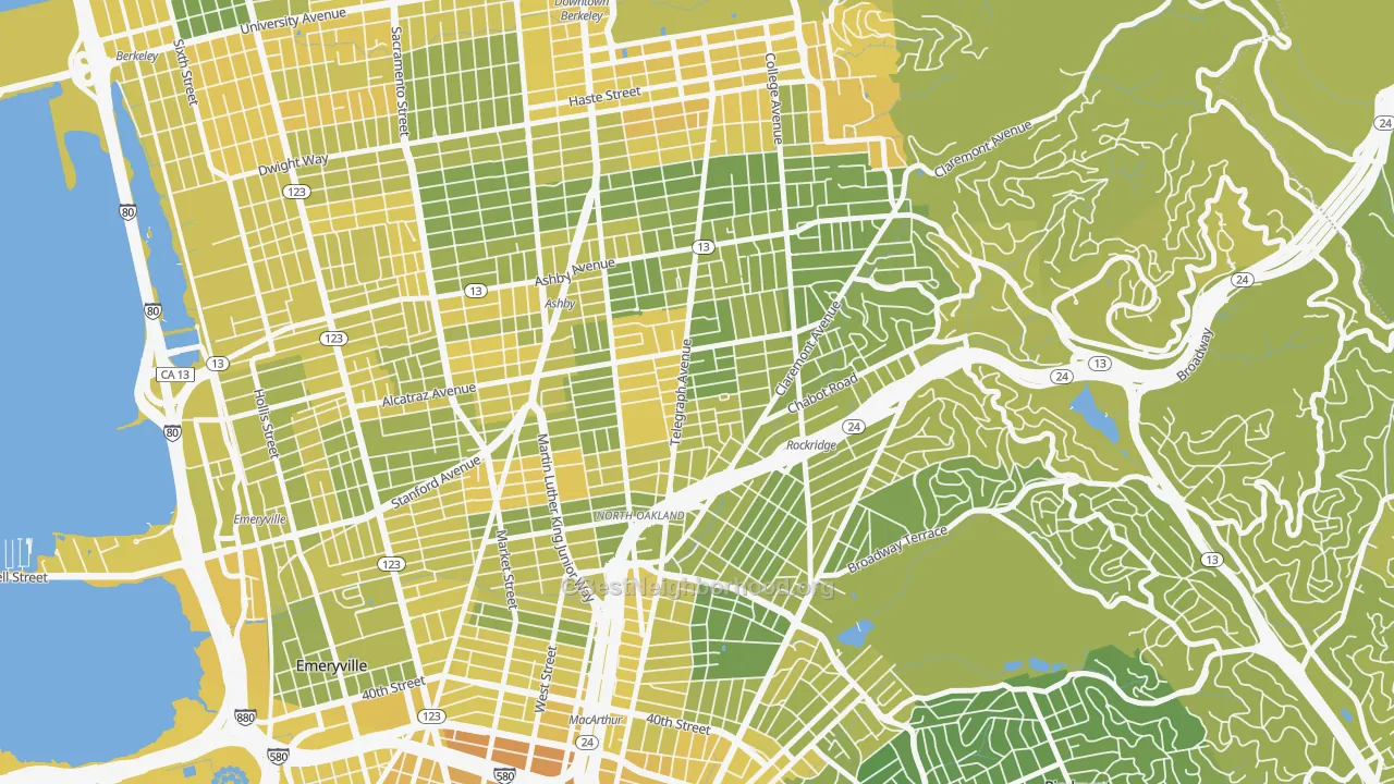 Map of the best neighborhoods in the Fairview Park, Oakland area, with better matches in green and worse matches in red