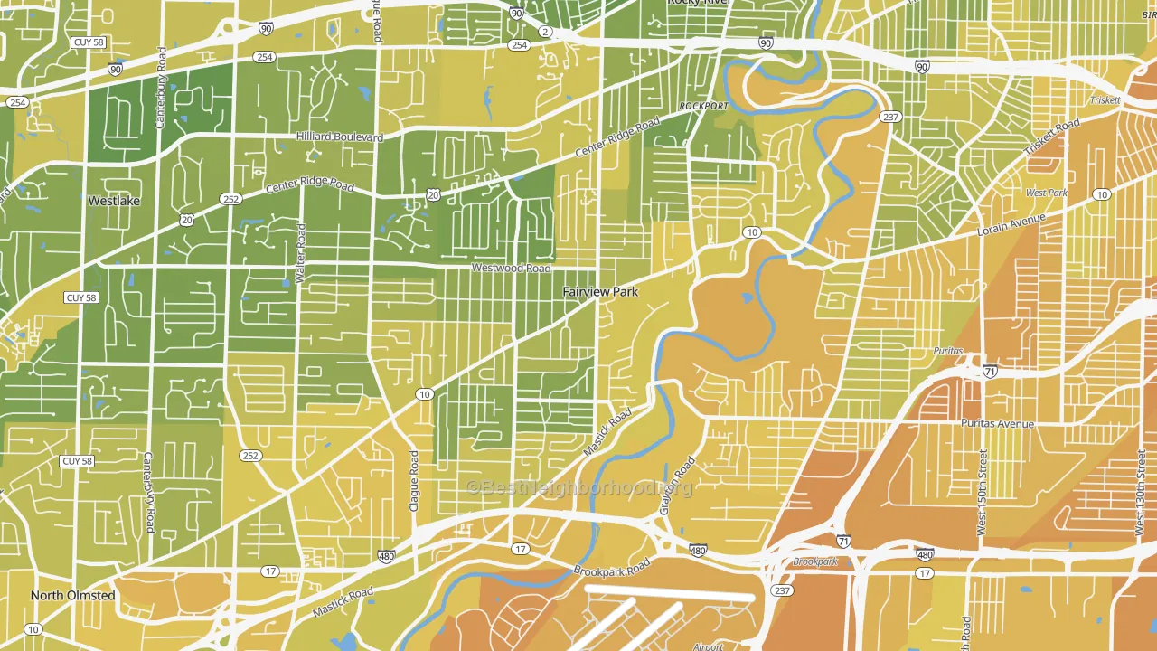 Map of the best neighborhoods in the Fairview Park area, with better matches in green and worse matches in red