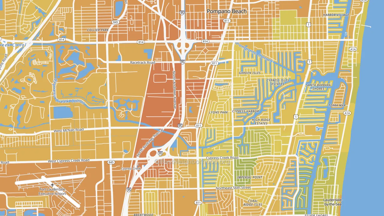 Map of the best neighborhoods in the Fairview, Pompano Beach area, with better matches in green and worse matches in red