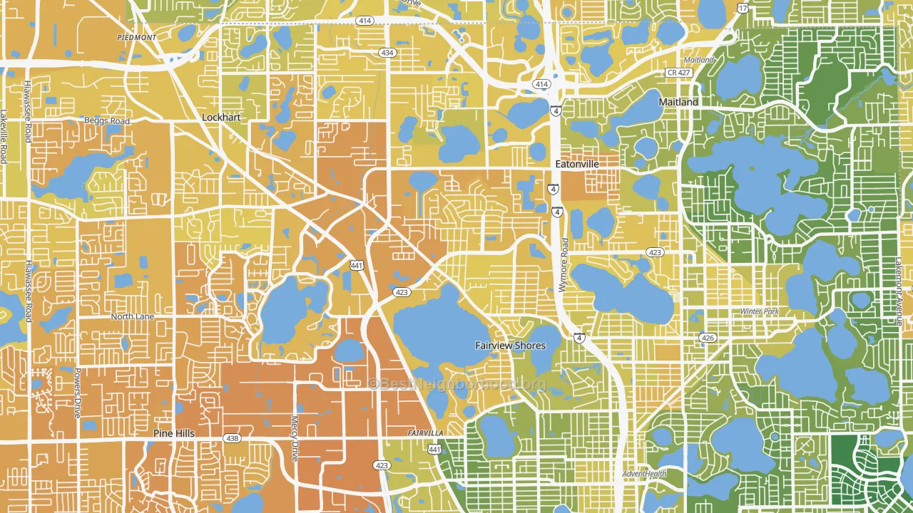 Map of the best neighborhoods in the Fairview Shores, Orlando area, with better matches in green and worse matches in red