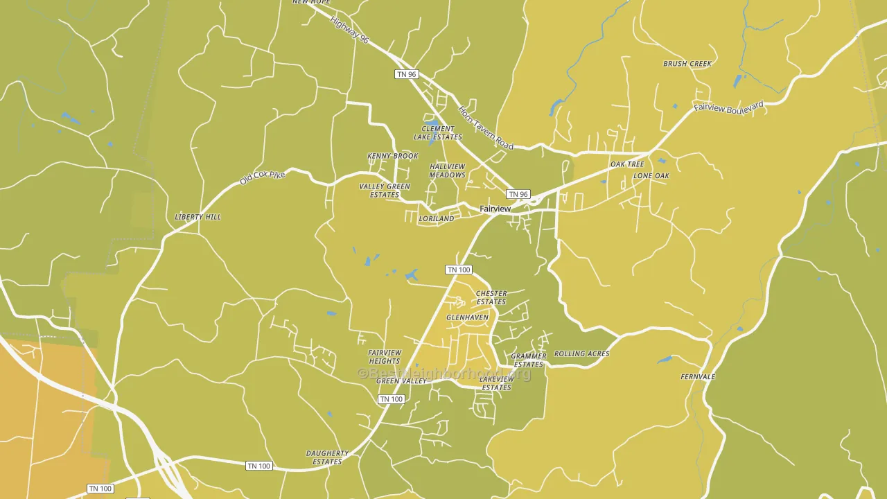 Map of the best neighborhoods in the Fairview area, with better matches in green and worse matches in red