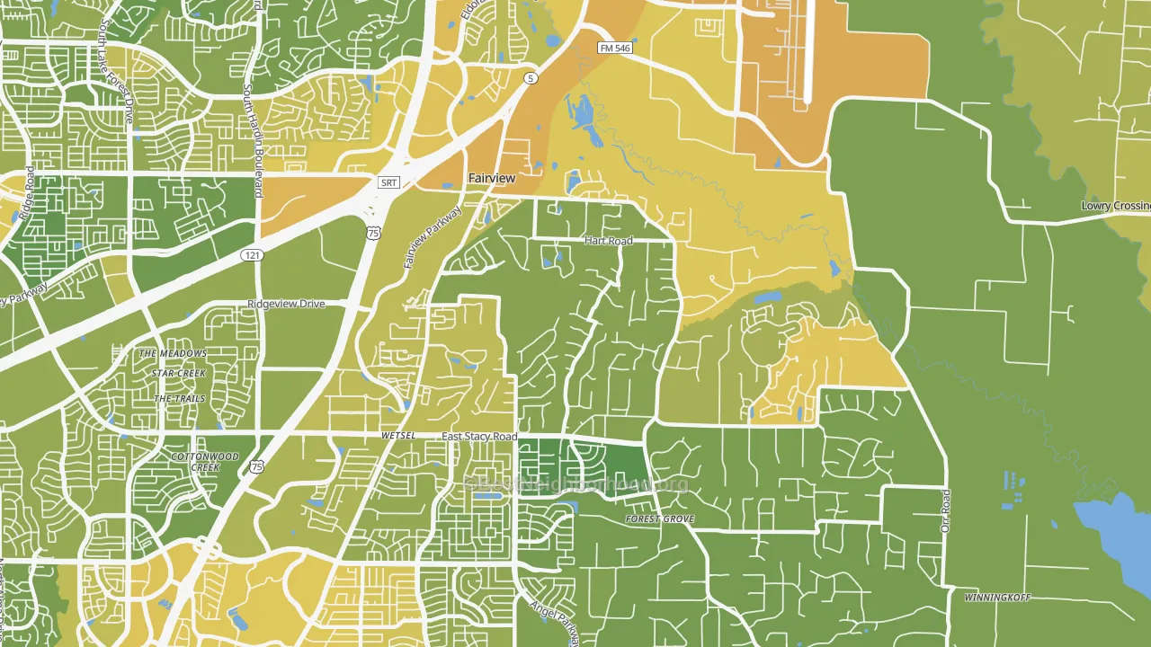 Map of the best neighborhoods in the Fairview area, with better matches in green and worse matches in red