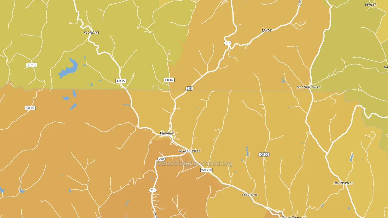 Map of the best neighborhoods in the Fairview area, with better matches in green and worse matches in red