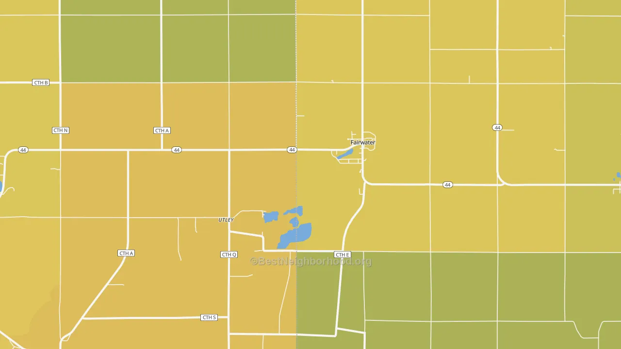 Map of the best neighborhoods in the Fairwater area, with better matches in green and worse matches in red