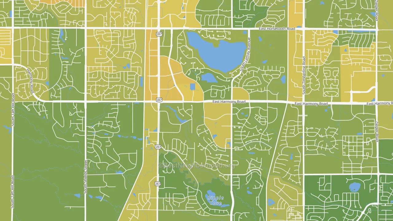 Map of the best neighborhoods in the Fairway Estates, Fort Collins area, with better matches in green and worse matches in red