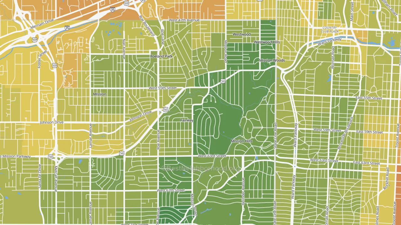 Map of the best neighborhoods in the Fairway area, with better matches in green and worse matches in red