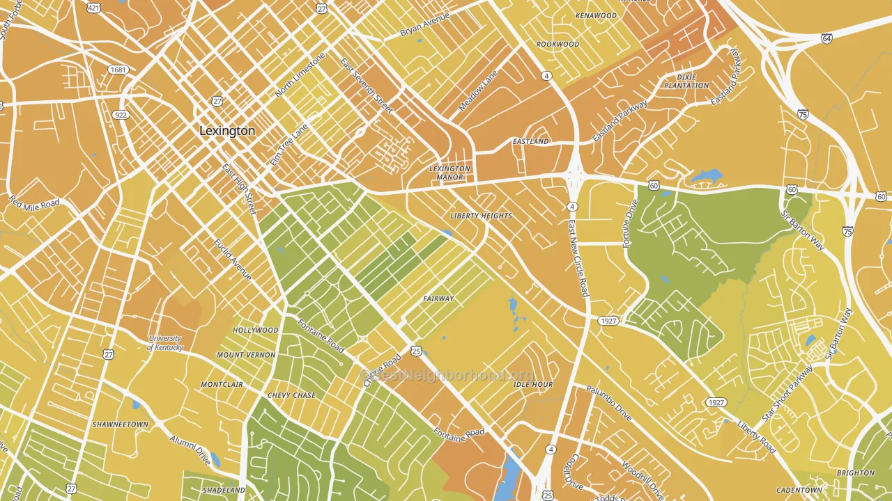 Map of the best neighborhoods in the Fairway-Liberty Heights, Lexington area, with better matches in green and worse matches in red