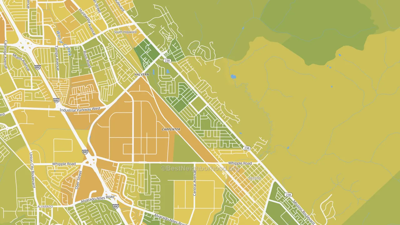 Map of the best neighborhoods in the Fairway Park, Hayward area, with better matches in green and worse matches in red