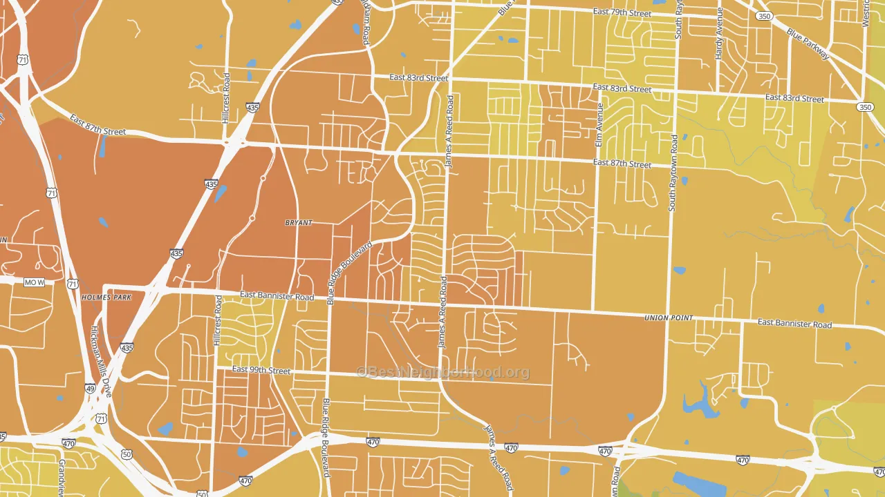 Map of the best neighborhoods in the Fairwood and Robandee, Kansas City area, with better matches in green and worse matches in red