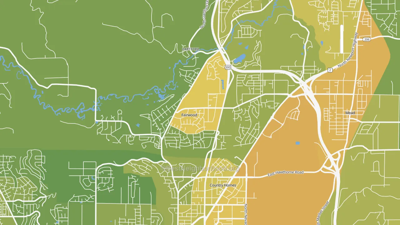 Map of the best neighborhoods in the fairwood, Spokane area, with better matches in green and worse matches in red