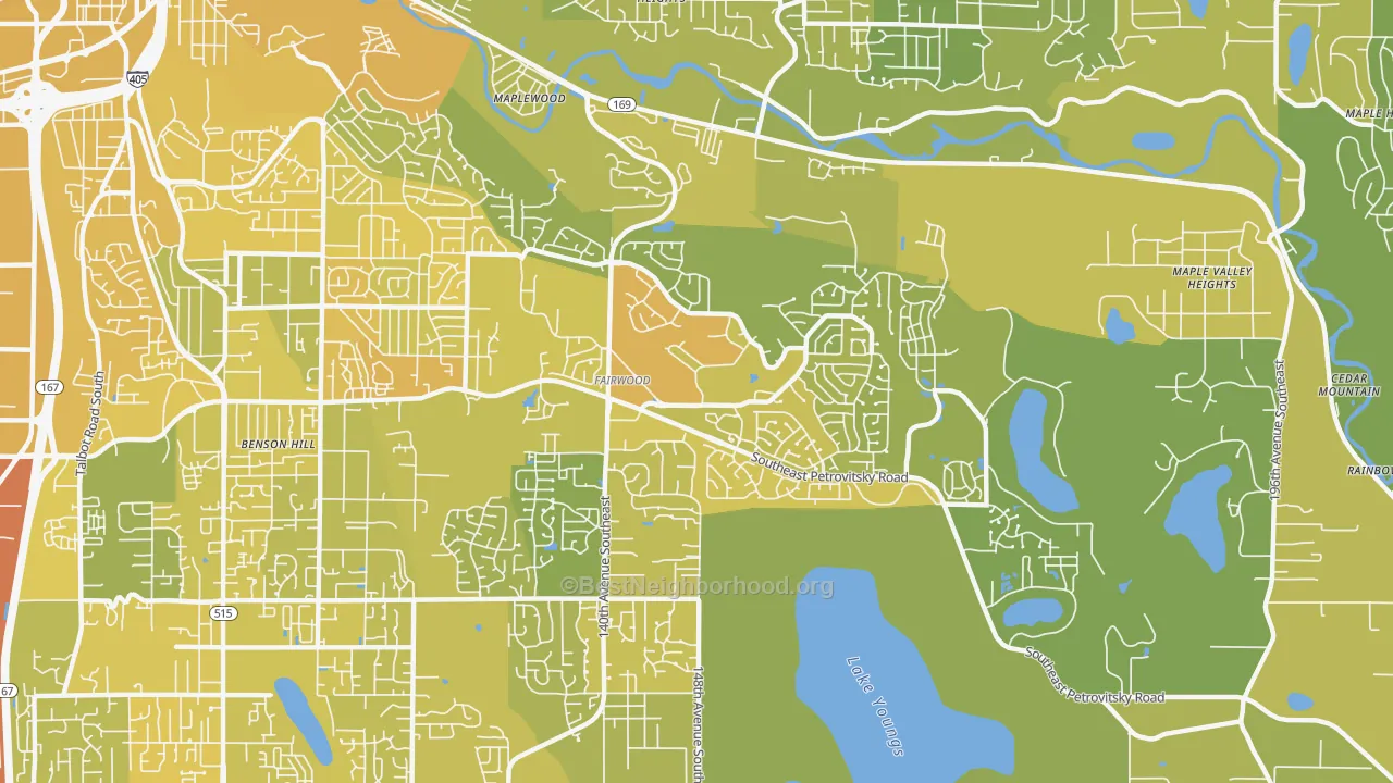Map of the best neighborhoods in the Fairwood area, with better matches in green and worse matches in red