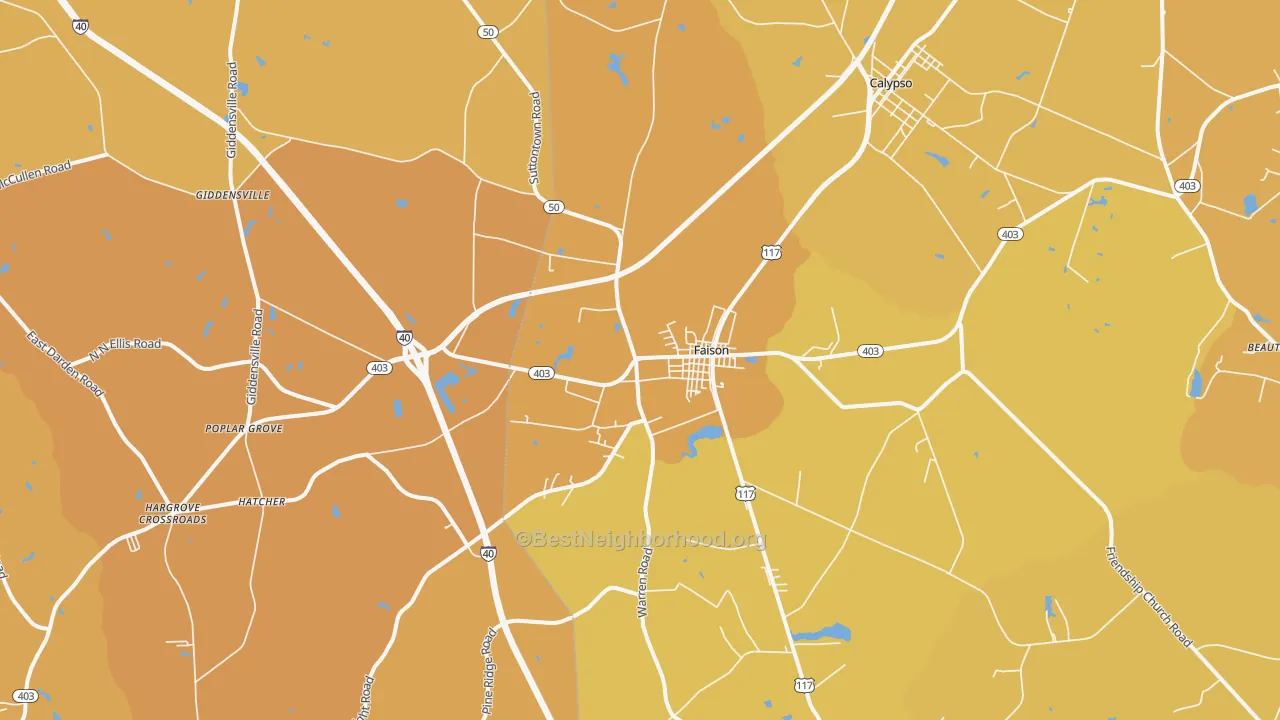 Map of the best neighborhoods in the Faison area, with better matches in green and worse matches in red