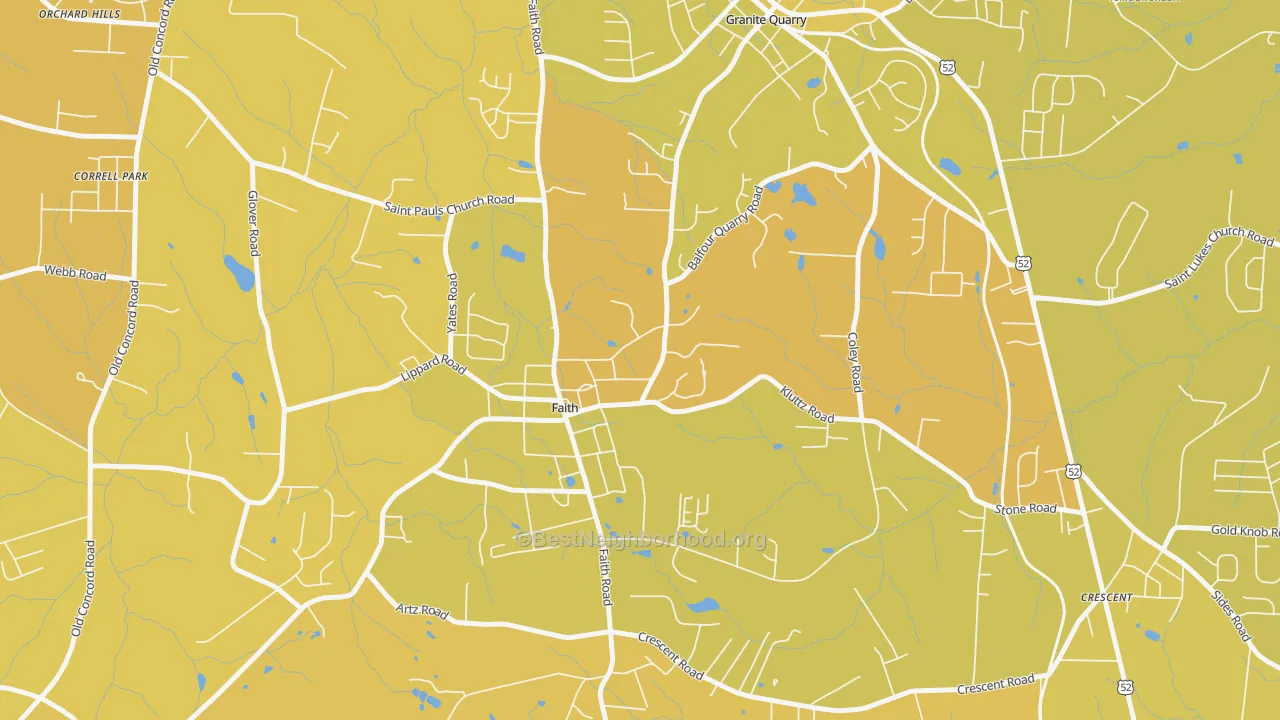 Map of the best neighborhoods in the Faith area, with better matches in green and worse matches in red