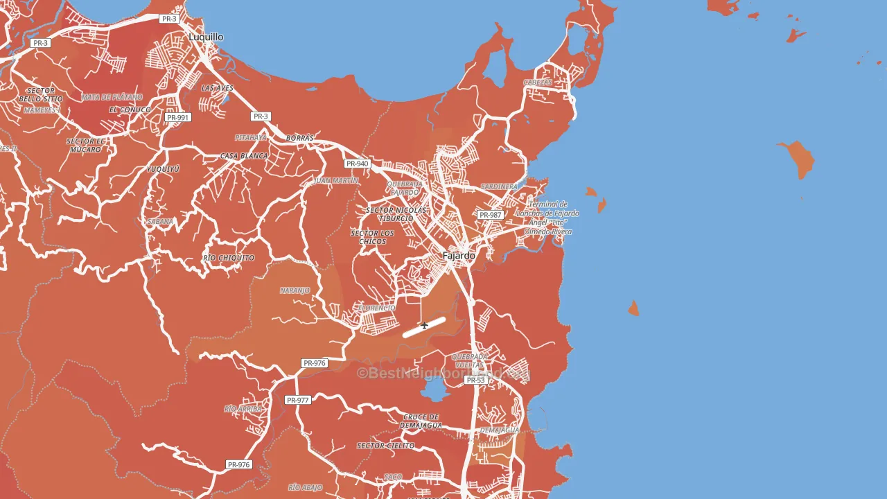 Map of the best neighborhoods in the Fajardo Municipio area, with better matches in green and worse matches in red