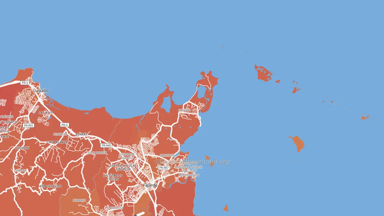 Map of the best neighborhoods in the Fajardo area, with better matches in green and worse matches in red