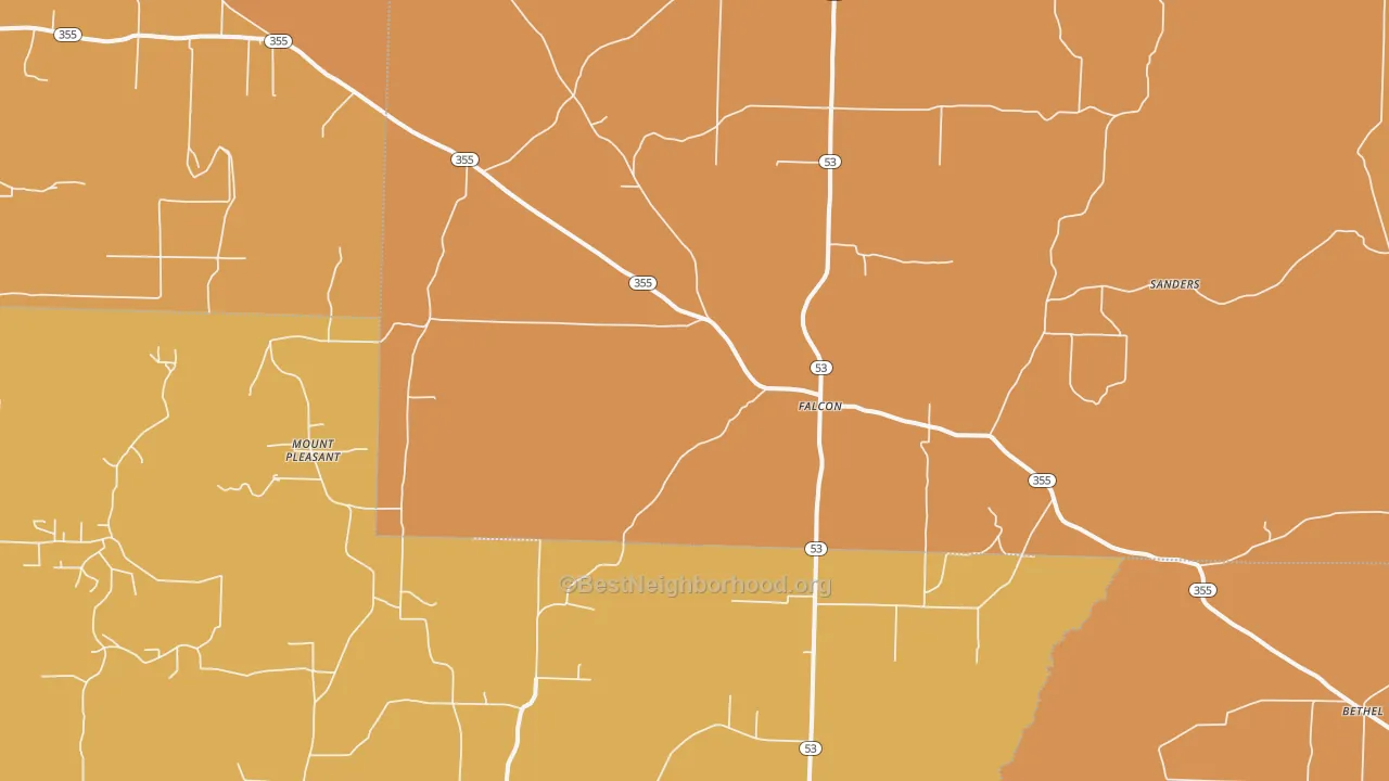 Map of the best neighborhoods in the Falcon area, with better matches in green and worse matches in red