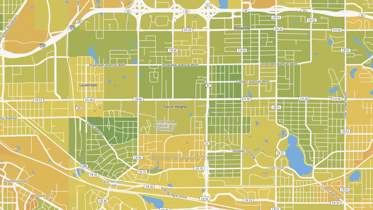 Map of the best neighborhoods in the Falcon Heights area, with better matches in green and worse matches in red