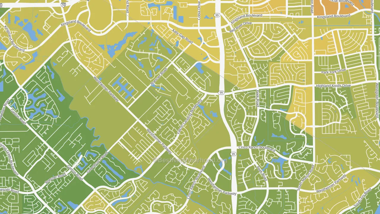 Map of the best neighborhoods in the Falcon Landing, Katy area, with better matches in green and worse matches in red