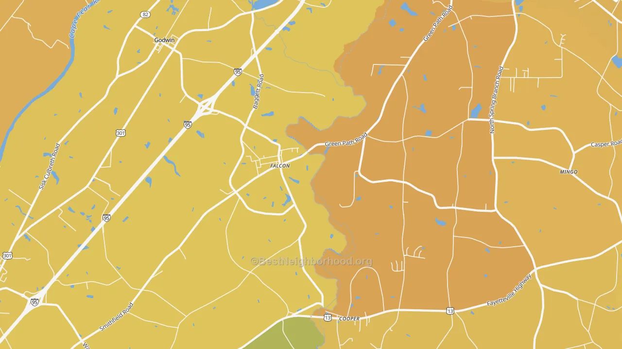 Map of the best neighborhoods in the Falcon area, with better matches in green and worse matches in red