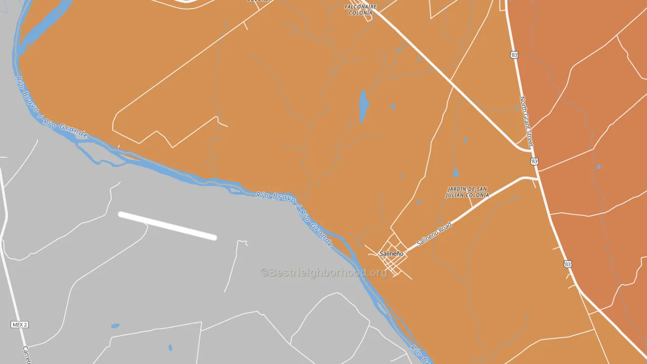Map of the best neighborhoods in the Falcon Village area, with better matches in green and worse matches in red