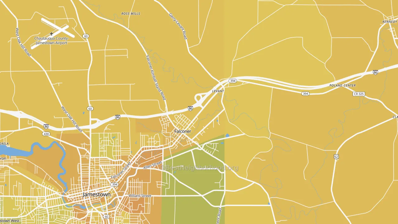 Map of the best neighborhoods in the Falconer area, with better matches in green and worse matches in red
