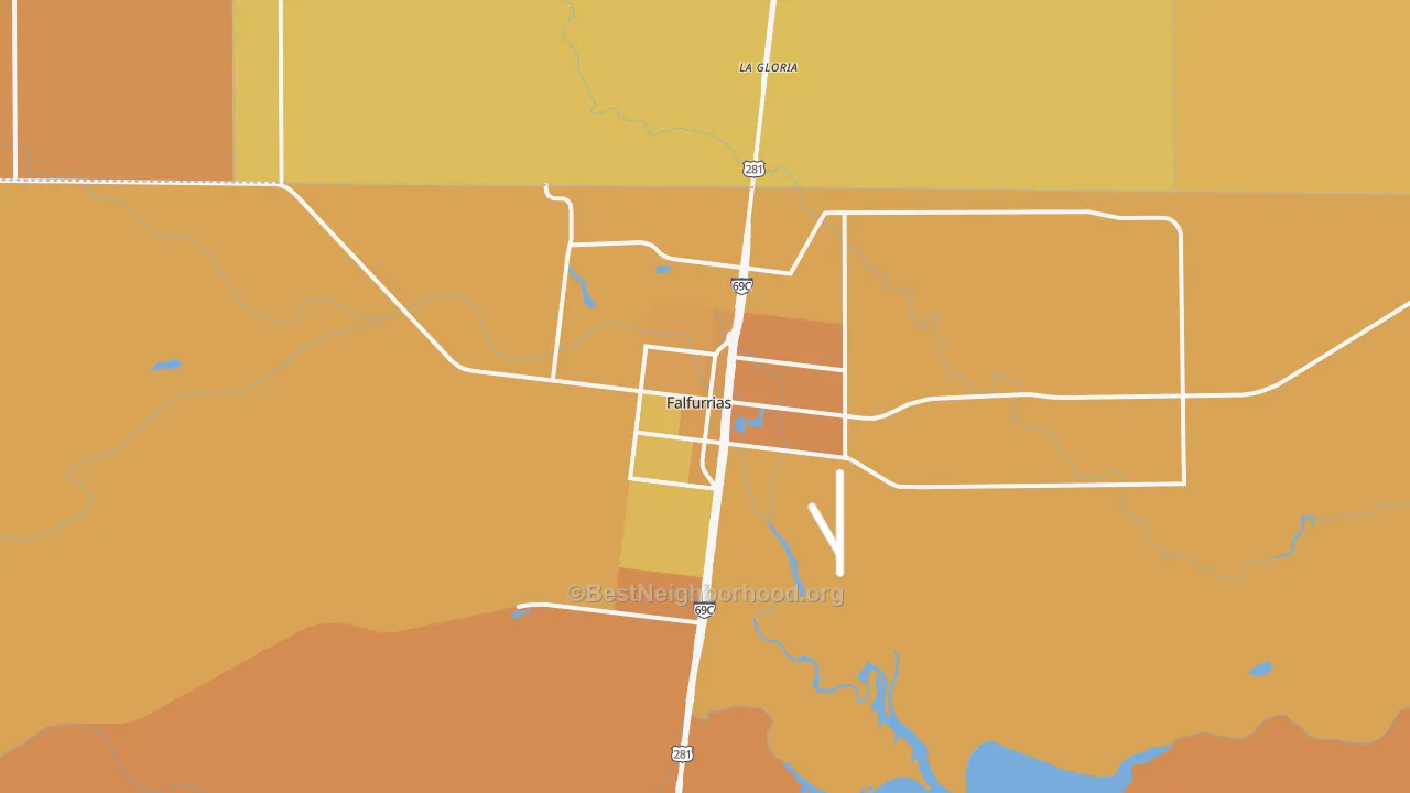 Map of the best neighborhoods in the Falfurrias area, with better matches in green and worse matches in red