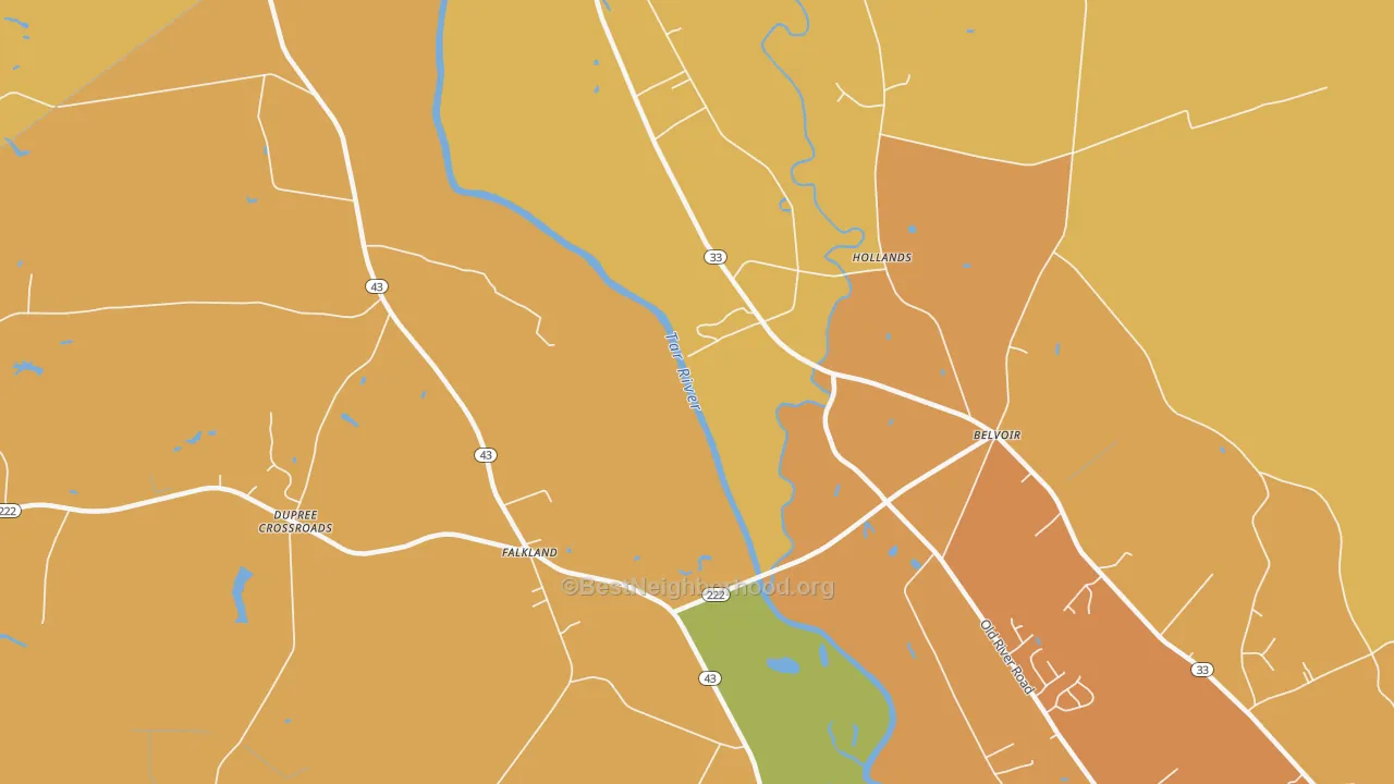 Map of the best neighborhoods in the Falkland area, with better matches in green and worse matches in red