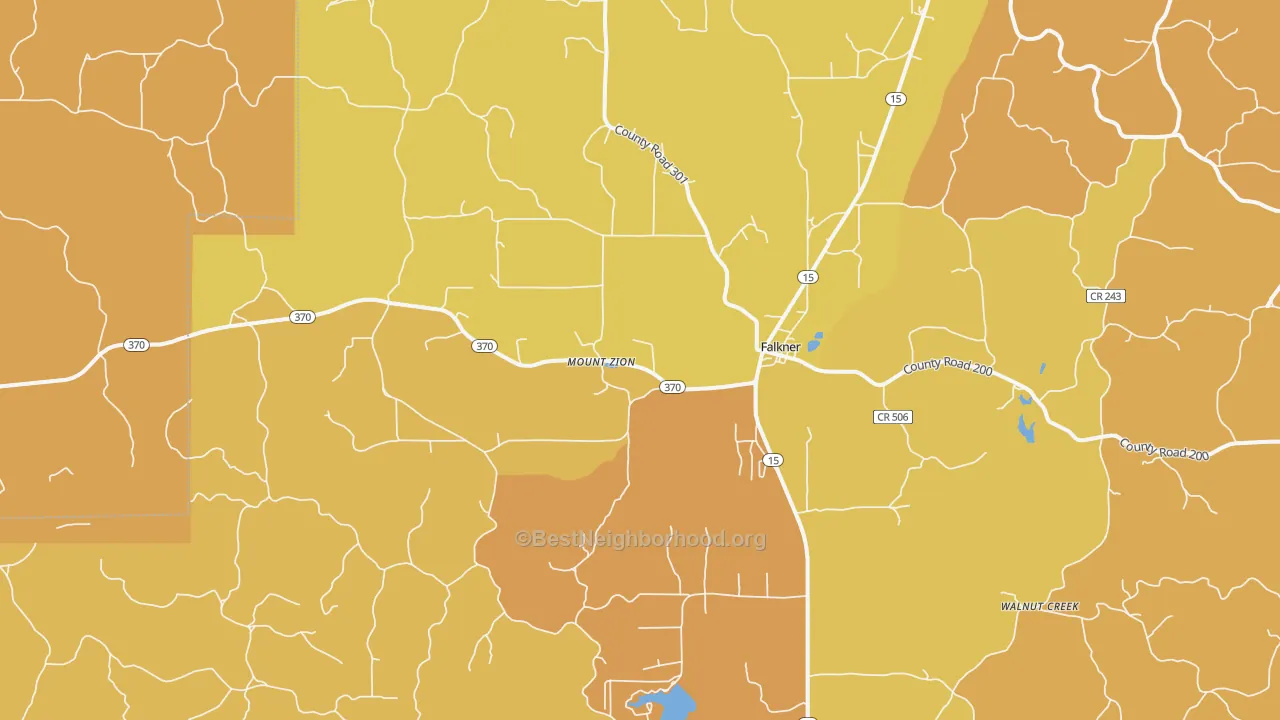 Map of the best neighborhoods in the Falkner area, with better matches in green and worse matches in red