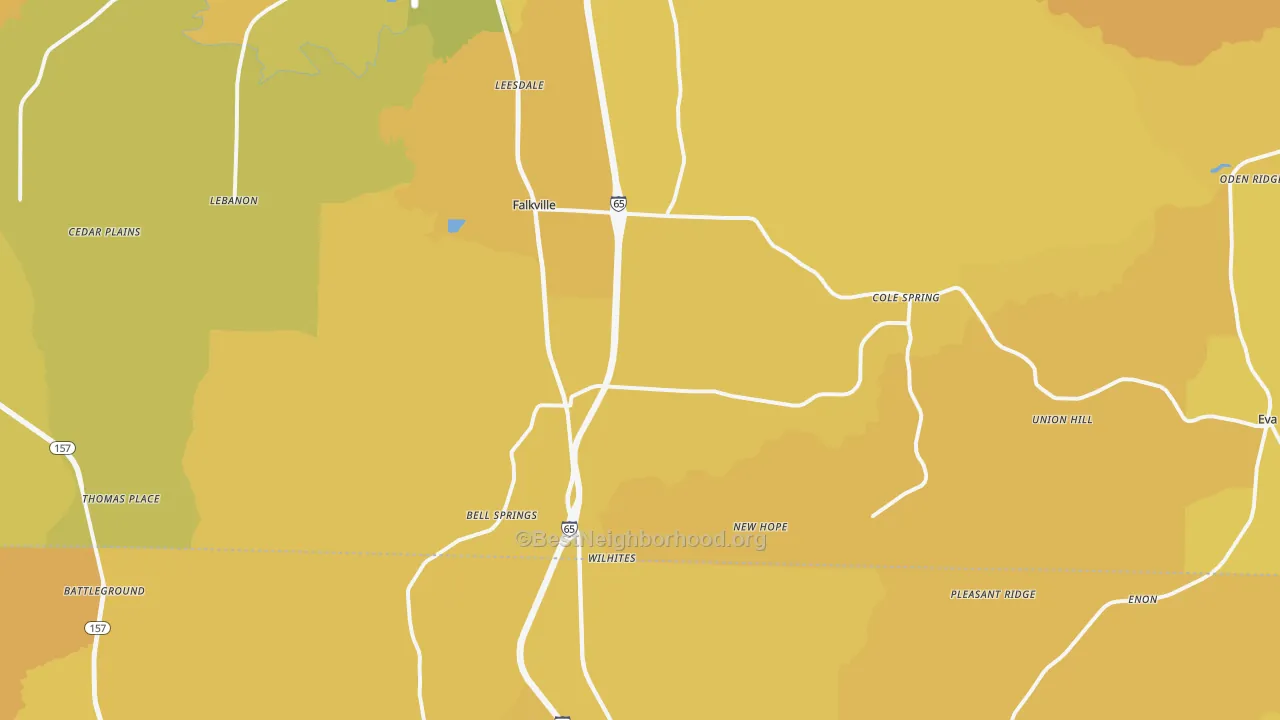 Map of the best neighborhoods in the Falkville area, with better matches in green and worse matches in red