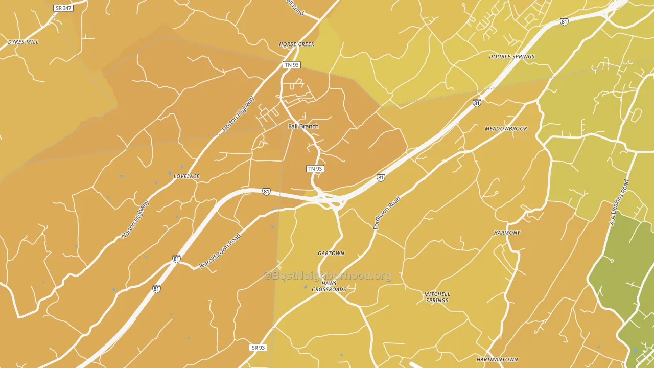 Map of the best neighborhoods in the Fall Branch area, with better matches in green and worse matches in red