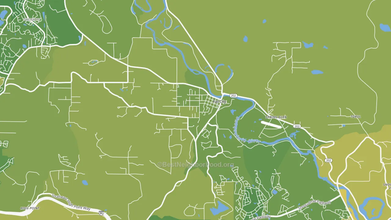 Map of the best neighborhoods in the Fall City area, with better matches in green and worse matches in red