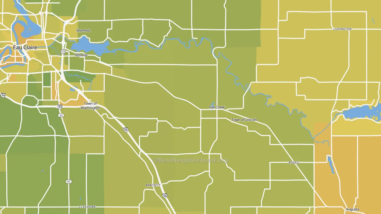 Map of the best neighborhoods in the Fall Creek area, with better matches in green and worse matches in red
