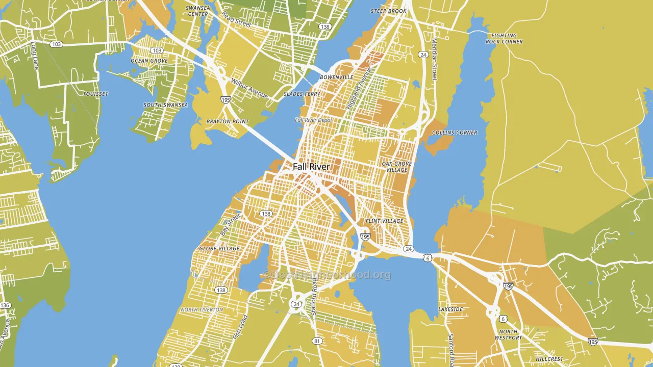 Map of the best neighborhoods in the Fall River area, with better matches in green and worse matches in red