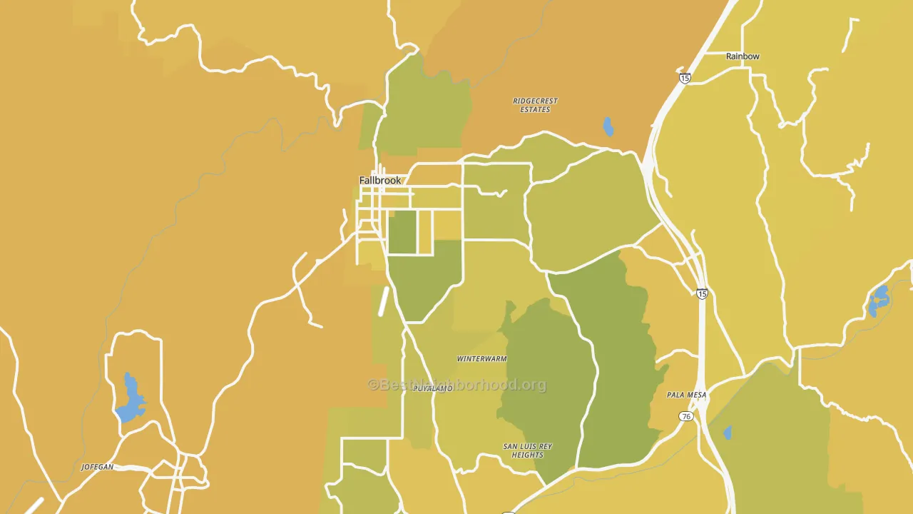 Map of the best neighborhoods in the Fallbrook area, with better matches in green and worse matches in red