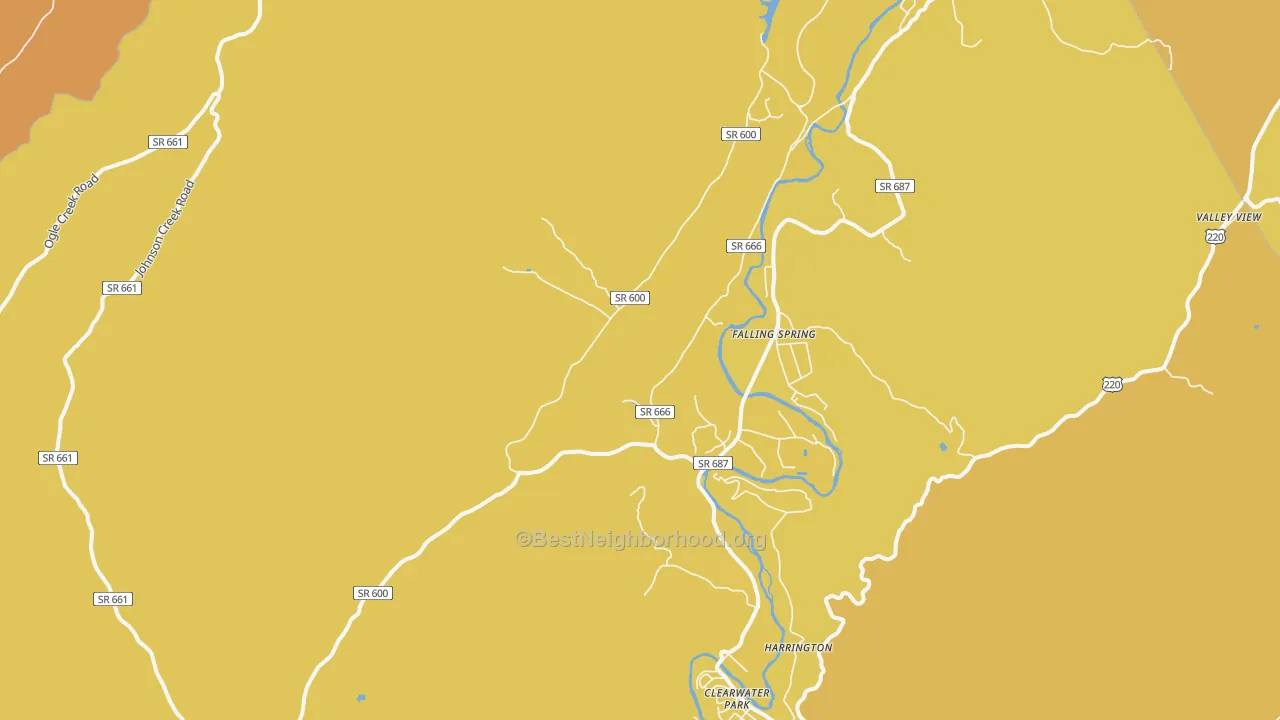 Map of the best neighborhoods in the Falling Spring area, with better matches in green and worse matches in red