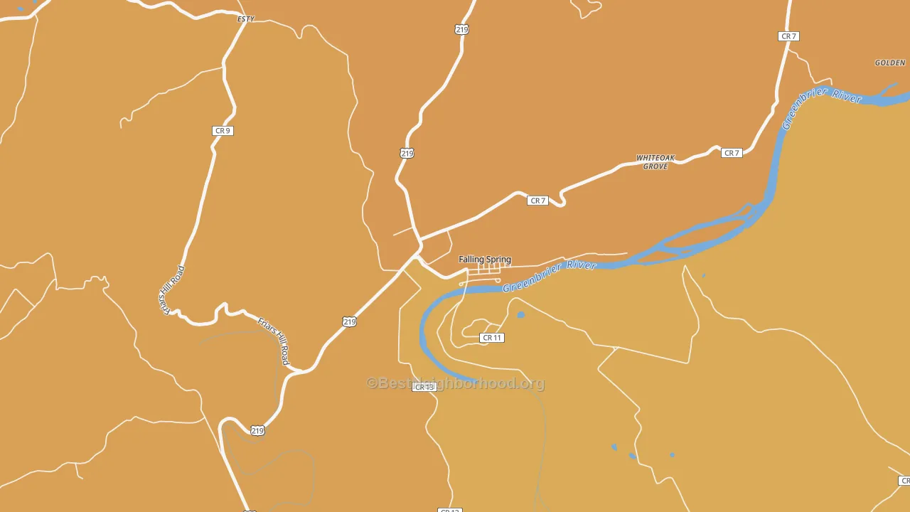 Map of the best neighborhoods in the Falling Spring area, with better matches in green and worse matches in red