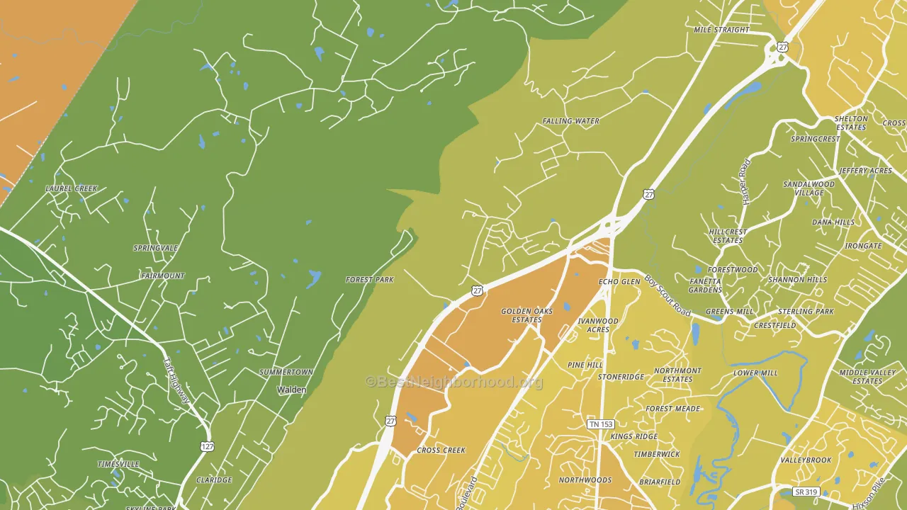 Map of the best neighborhoods in the Falling Water area, with better matches in green and worse matches in red