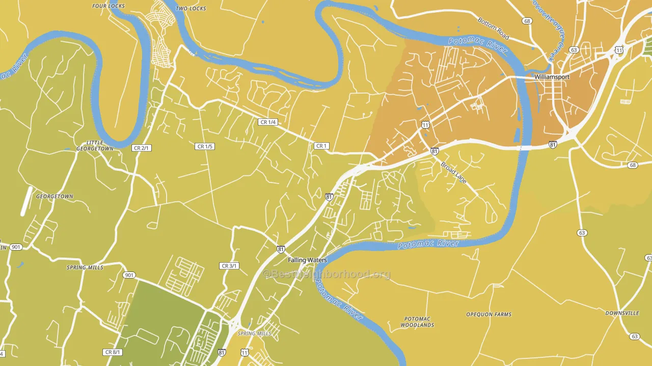 Map of the best neighborhoods in the Falling Waters area, with better matches in green and worse matches in red