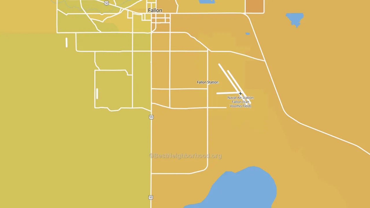 Map of the best neighborhoods in the Fallon Naval Air Station area, with better matches in green and worse matches in red