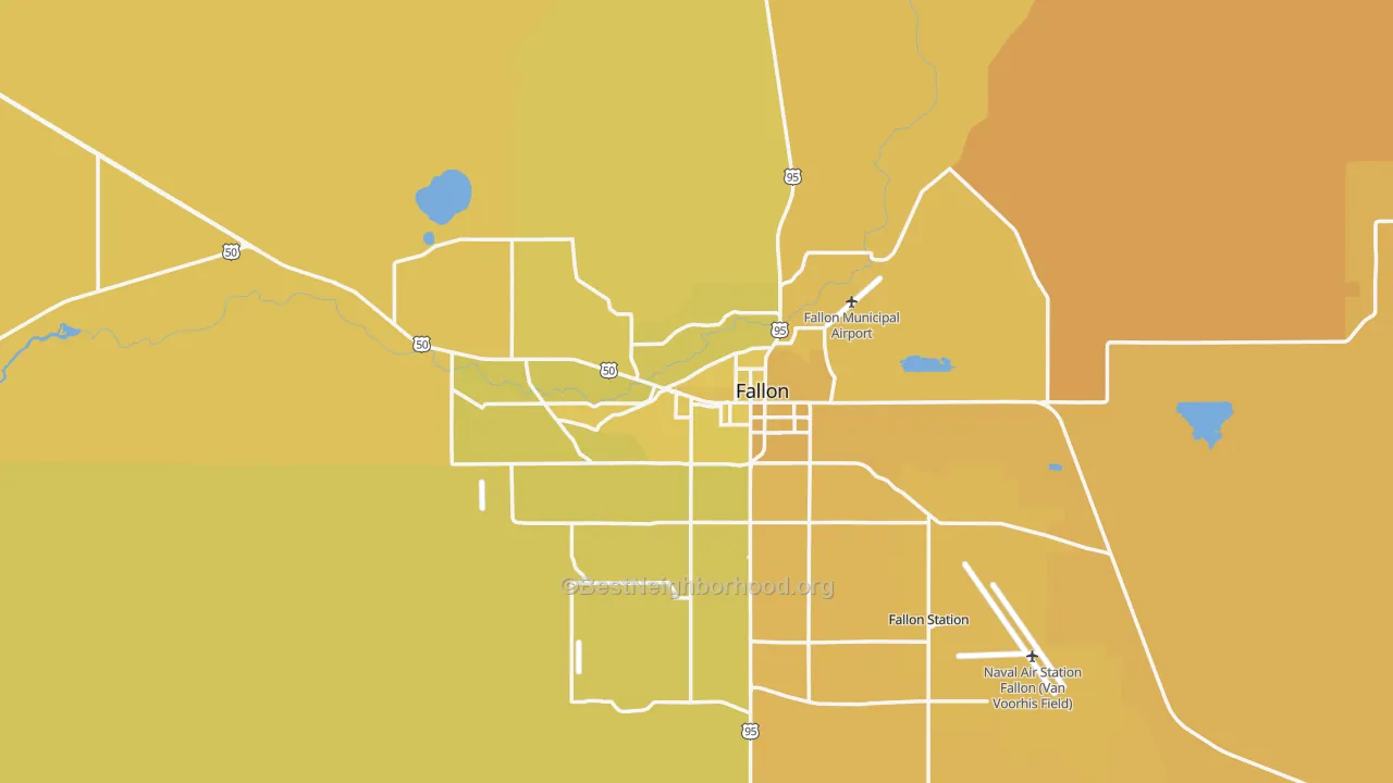 Map of the best neighborhoods in the Fallon area, with better matches in green and worse matches in red