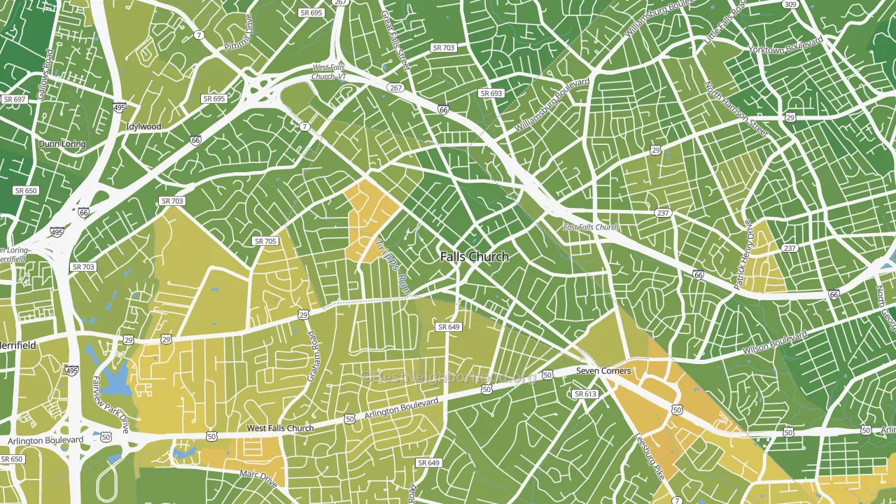 Map of the best neighborhoods in the Falls Church City area, with better matches in green and worse matches in red