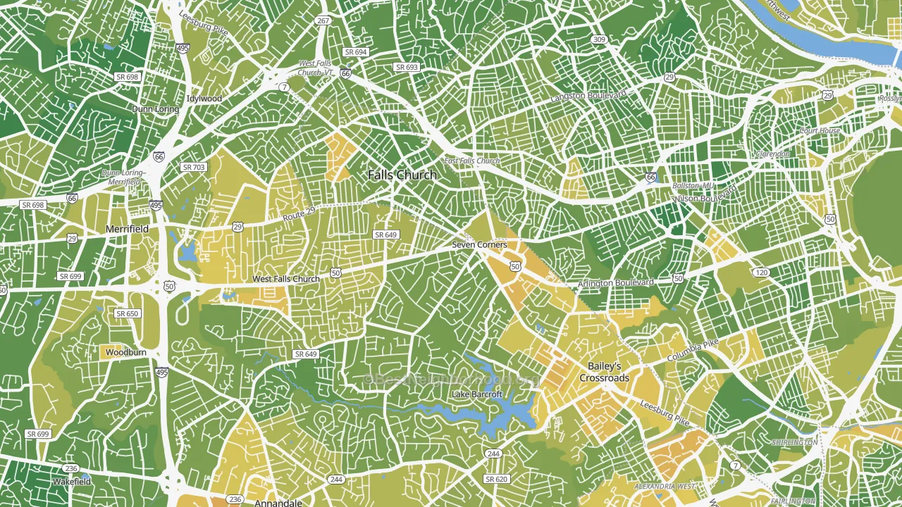 Map of the best neighborhoods in the Falls Church area, with better matches in green and worse matches in red