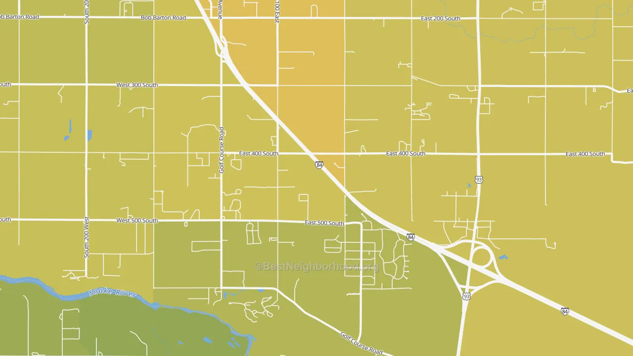 Map of the best neighborhoods in the Falls City area, with better matches in green and worse matches in red