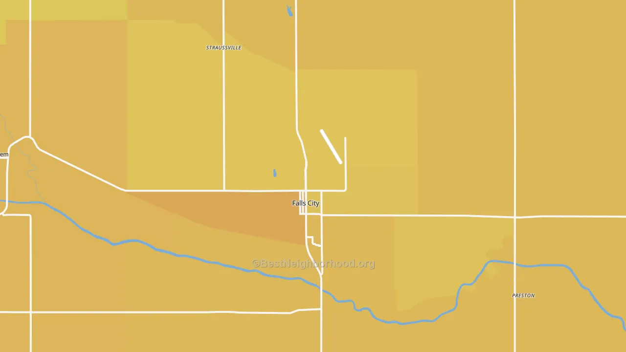 Map of the best neighborhoods in the Falls City area, with better matches in green and worse matches in red