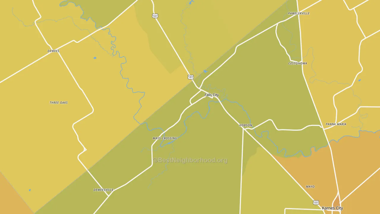 Map of the best neighborhoods in the Falls City area, with better matches in green and worse matches in red