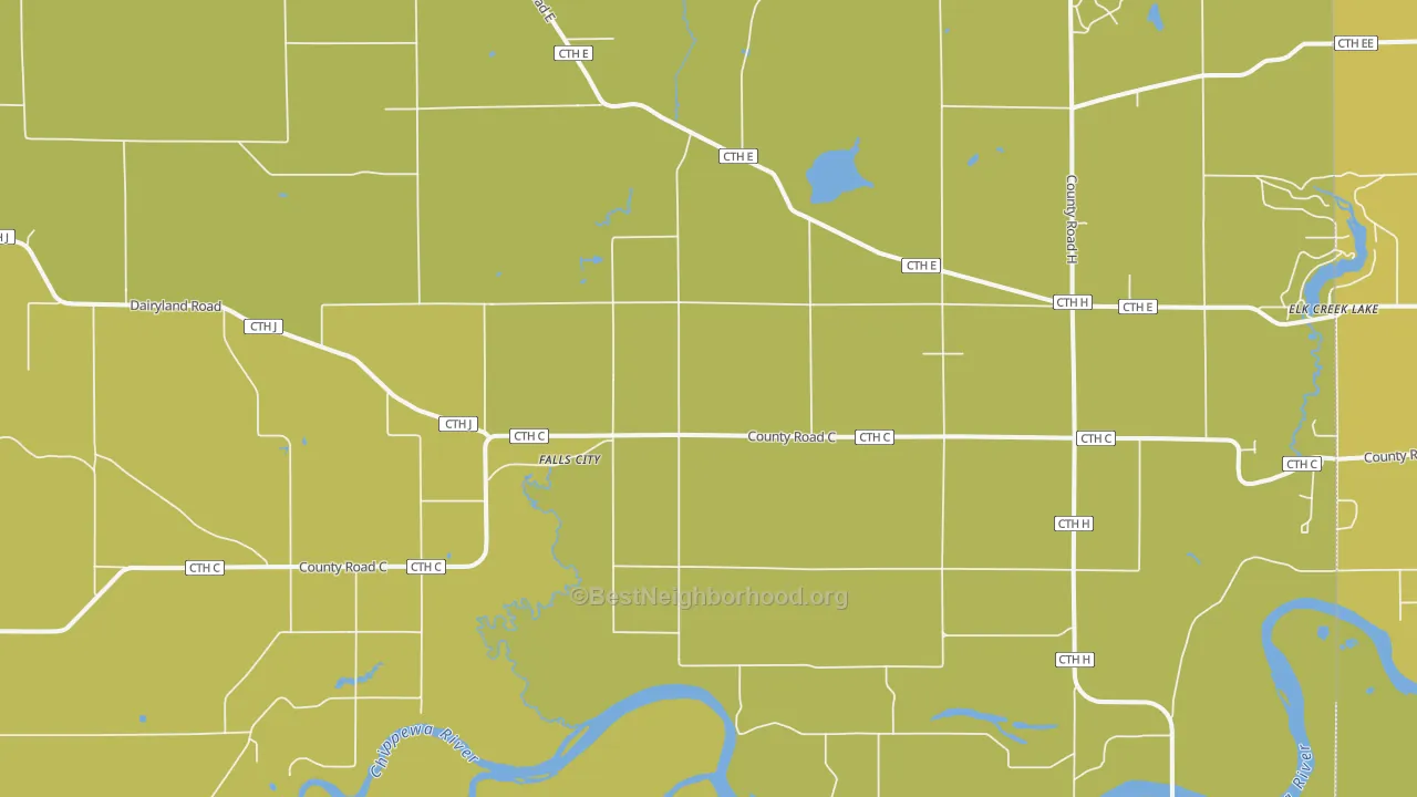 Map of the best neighborhoods in the Falls City area, with better matches in green and worse matches in red