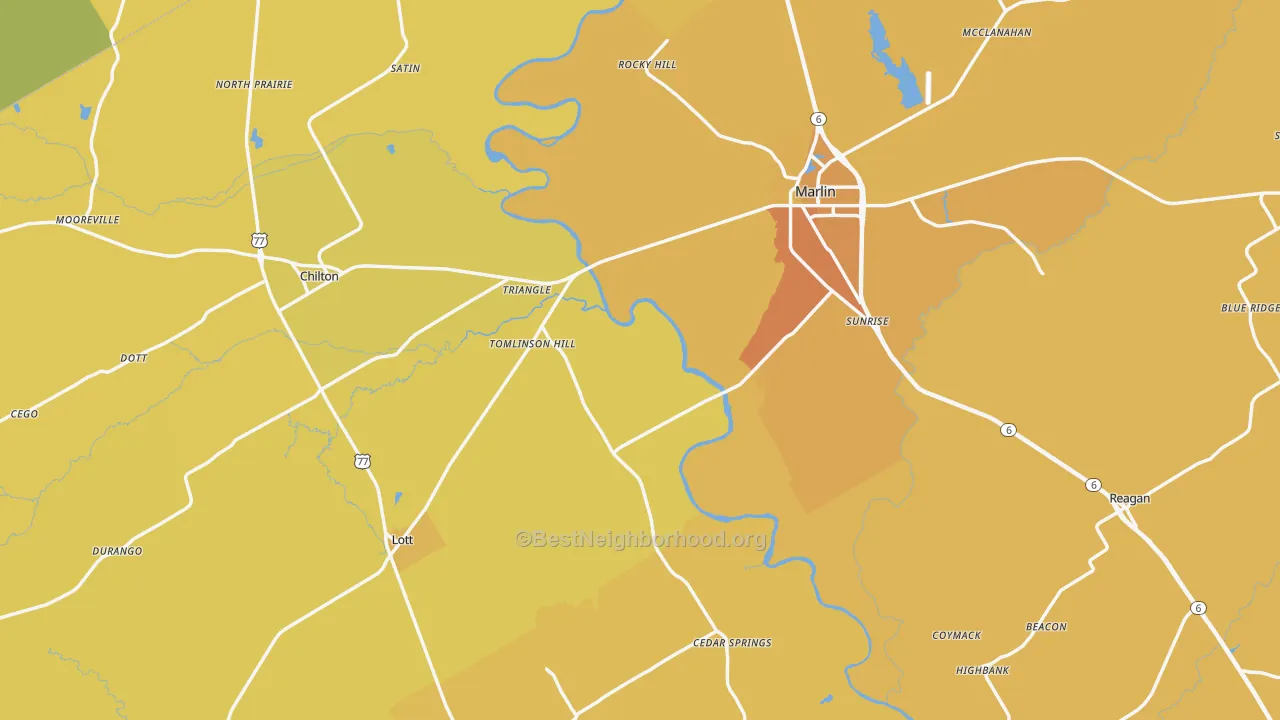 Map of the best neighborhoods in the Falls County area, with better matches in green and worse matches in red