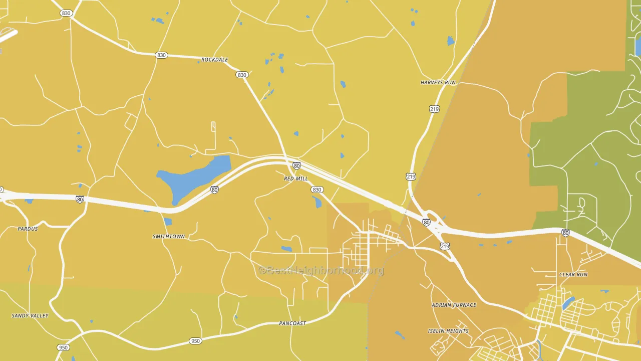 Map of the best neighborhoods in the Falls Creek area, with better matches in green and worse matches in red